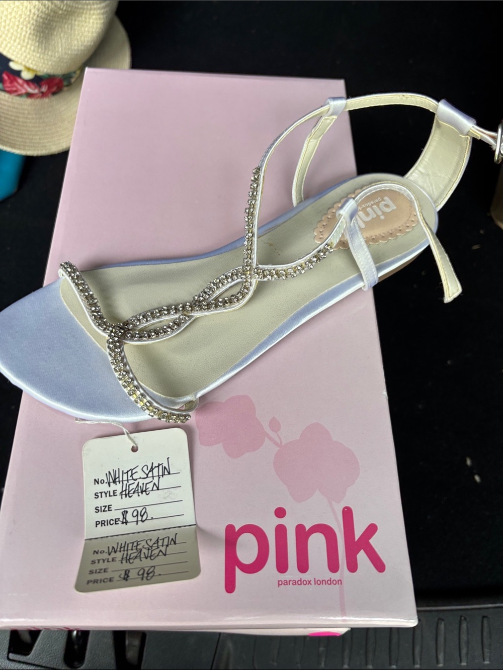 PINK Victoria's Secret White Satin Rhinestone T-Strap Sandal